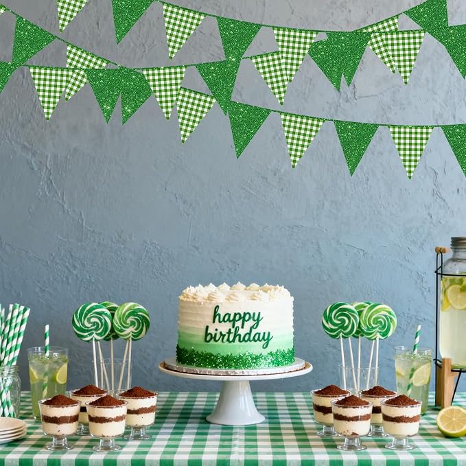 Glitter Green Party Pennant Banner Flag Green Buffalo Plaid Hanging Paper - Image 7