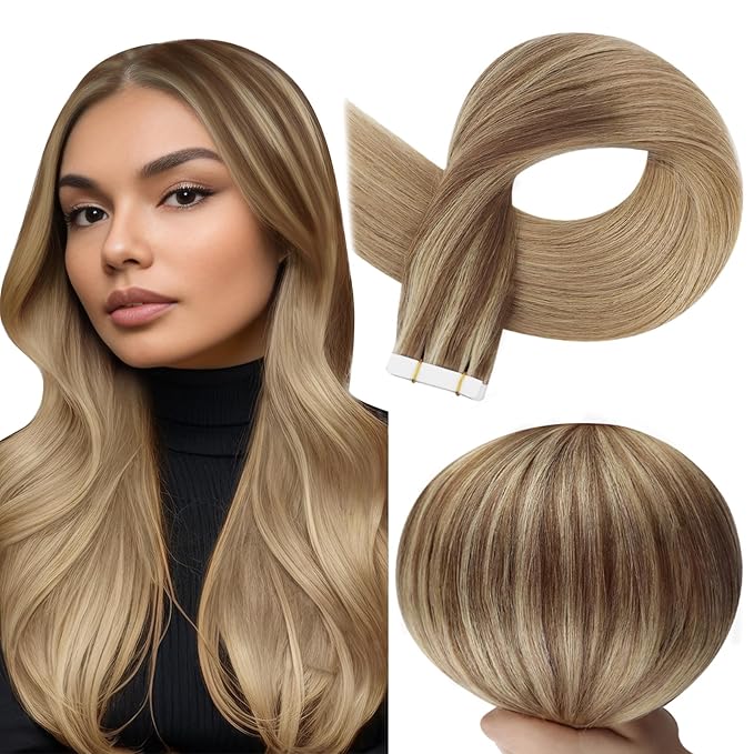 Full Shine Balayage Tape in Hair Extensions 14Inch Remy Human Hair Tape in Extensions Color 10/16/16 Golden Brown And Golden Blonde 50Gram Invisible Skin Weft 20Pcs for Wedding Add Volume
