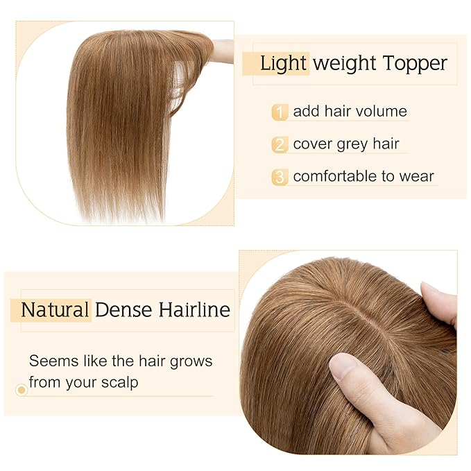 SEGO Hair Toppers for Women Real Human Hair With Bangs, 7 * 13CM Silk Base 100% Remy Human Hair Clip in Top Wiglet Hairpieces Add Volume -10 Inch Light Brown