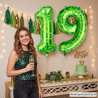 40 Inch Lime Green Pixel Number 19 Balloon, Final Teen Gamer Bday Decor | 40" - Image 2