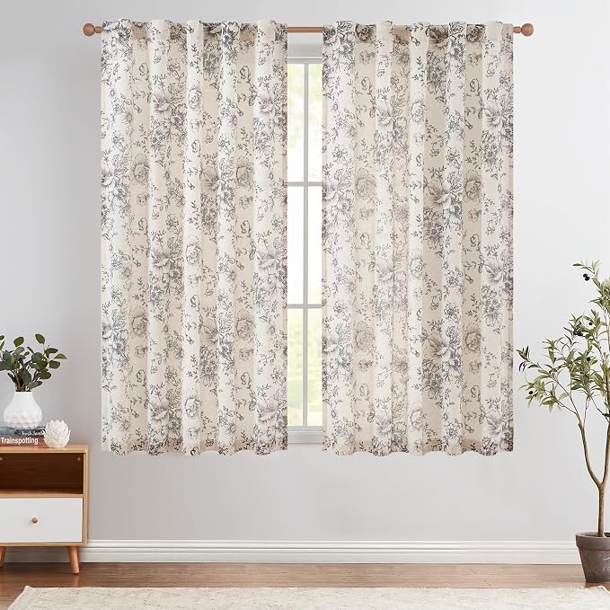 jinchan Black Floral Linen Curtains 63 Inch Vintage Back Tab 2 Panels | Light by JINCHAN