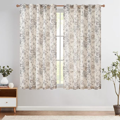 jinchan Black Floral Linen Curtains 63 Inch Vintage Back Tab 2 Panels | Light by JINCHAN