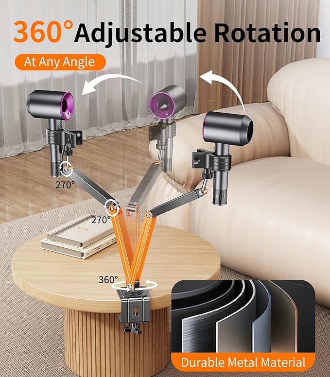Desktop Hair Dryer Stand with Free Phone/Tablet Clip, Hair Dryer Stand Hands Free,Metal Material. Adjustable Hair Dryer Hanger for Vanity, Countertop, Bedside,Practical Gift for Elderly