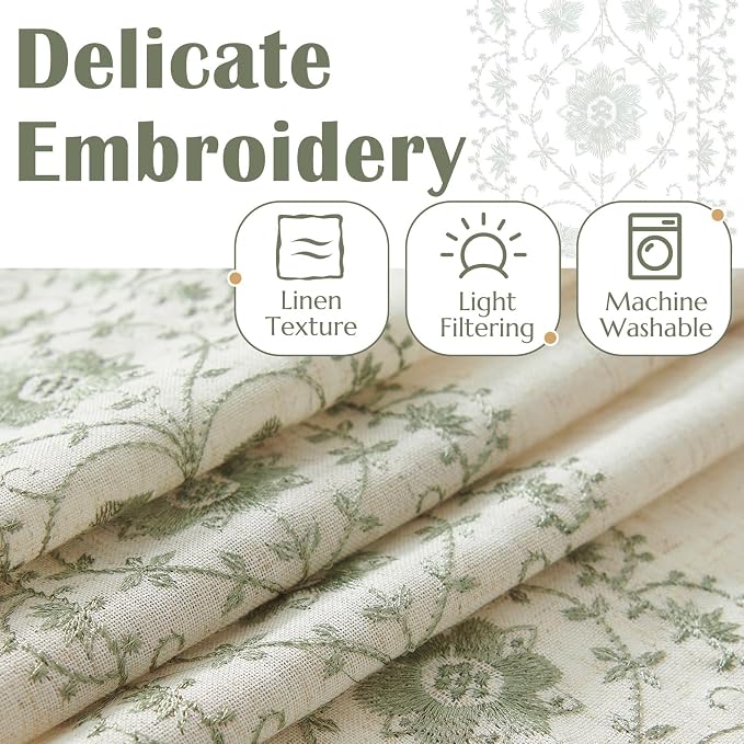jinchan Floral Linen Curtains Embroidered Back Tab 50x84in 2 Panels Sage | - Image 4