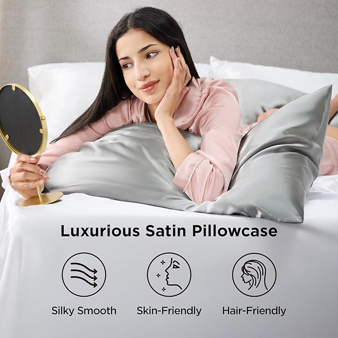 Bedsure Satin Pillowcase Standard Set of 4 - Silver Grey Silky Pillow Cases for Hair and Skin 20x26 Inches, Pillow Covers with Envelope Closure, Gifts for Women Men