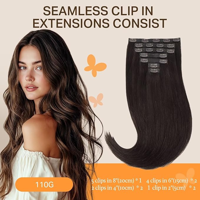 DOORES Real Human Hair Extensions, Dark Brown 7pcs 110g 16 Inch, Seamless Clip in Hair Extensions, Natural Straight Hair, Invisi Edge