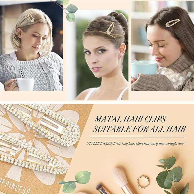 Hair Clips, 2Pcs 3.1Inch Rhinestone, Gold, Hair Accessories, Bridal, Wedding, Party, Prom Barrettes for Women Girls