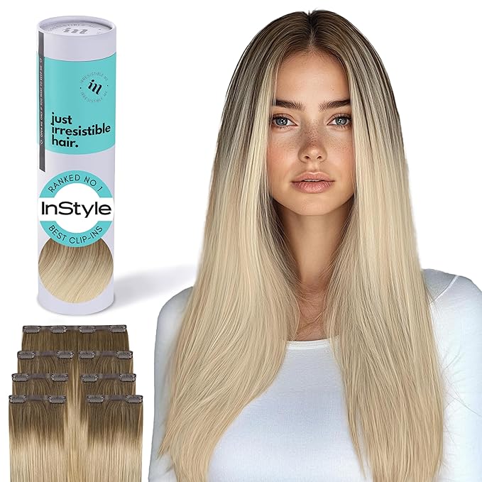 Irresistible Me Real Human Hair Extensions Clip Ins – 100% Human Hair Clip In Extensions for Length & Volume – Invisible Extension – Heat Resistant & Dyeable – Rooted Blonde, 14 Inches