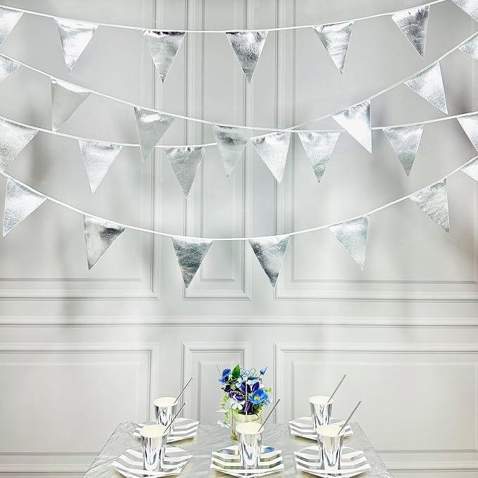 Silver Party Decorations Metallic Fabric Triangle Pennant Banner Silver Flag - Image 4