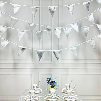Silver Party Decorations Metallic Fabric Triangle Pennant Banner Silver Flag - Image 4