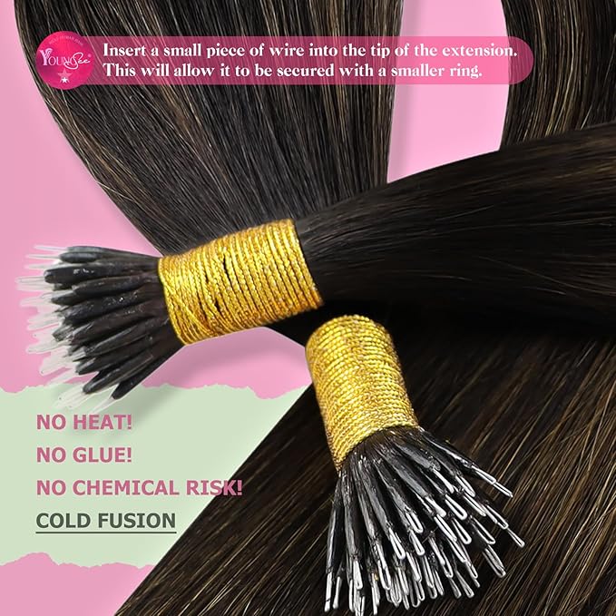 YoungSee 20in Nano Bead Hair Extensions Human Hair Brown Nano Ring Hair Extensions Balayage Nano-Link Hair Extension Dark Brown Mix Medium Browns Highlight Nanoring Extension for Wedding 50s 50g