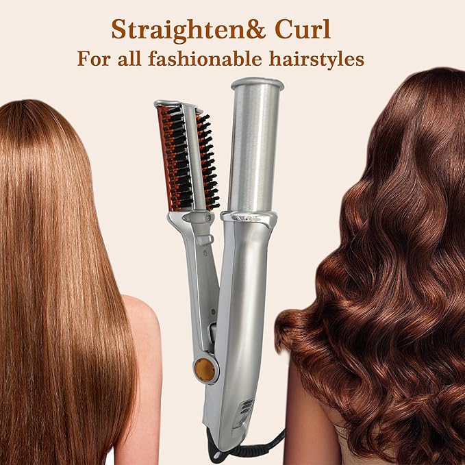 2 in 1 Rotating Curling Iron Fast Heat Hair Straightener and Curler Professional Curing Wand for All Hairstyles for Home Travel Hair Styling Tools Three-Speed Temperature Adjustment