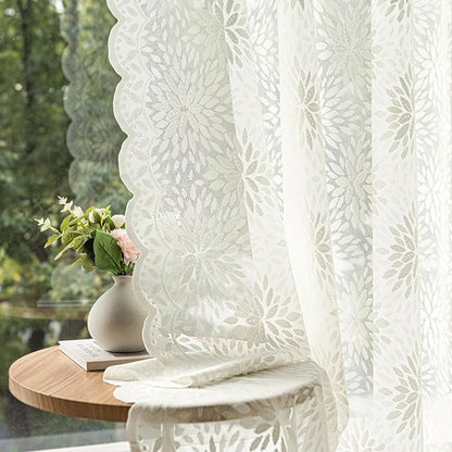 MIULEE Vintage Floral Scalloped Lace Curtains 2 Panels, Ivory 52" W x 90" L | by MIULEE
