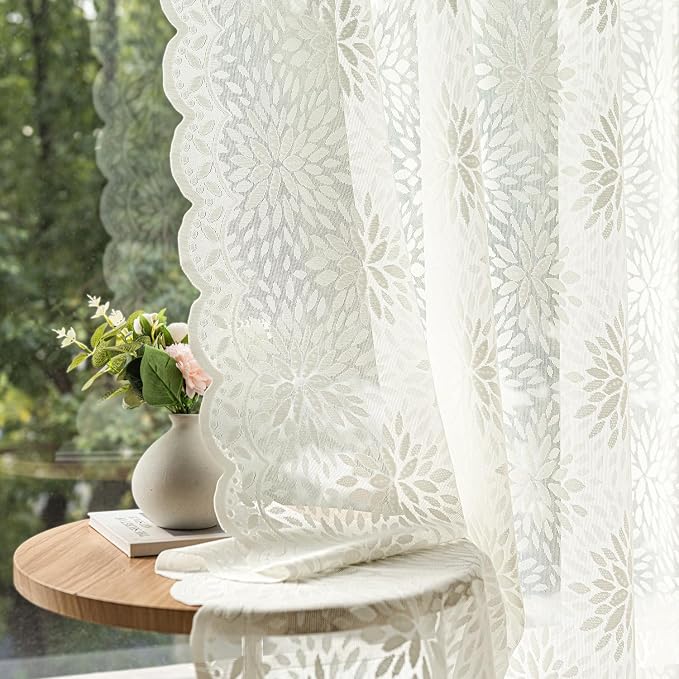 MIULEE Vintage Floral Scalloped Lace Curtains 2 Panels, Ivory 52" W x 72" L | by MIULEE