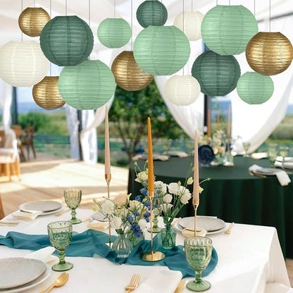 15-Pack Sage Green Gold Paper Lanterns Party Decorations | Assorted 6, 8 & - Image 4