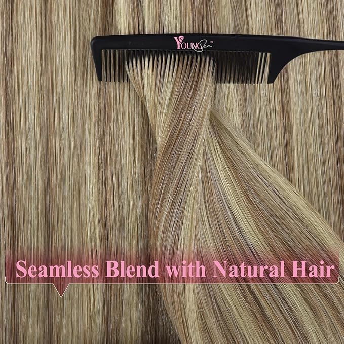 YoungSee Tape in Human Hair Extensions Brown Highlight Tape Extensions Human Hair Light Brown with Blonde Highlight Hair Extension Tapes in Add Length 18 Inch 20pcs 50g