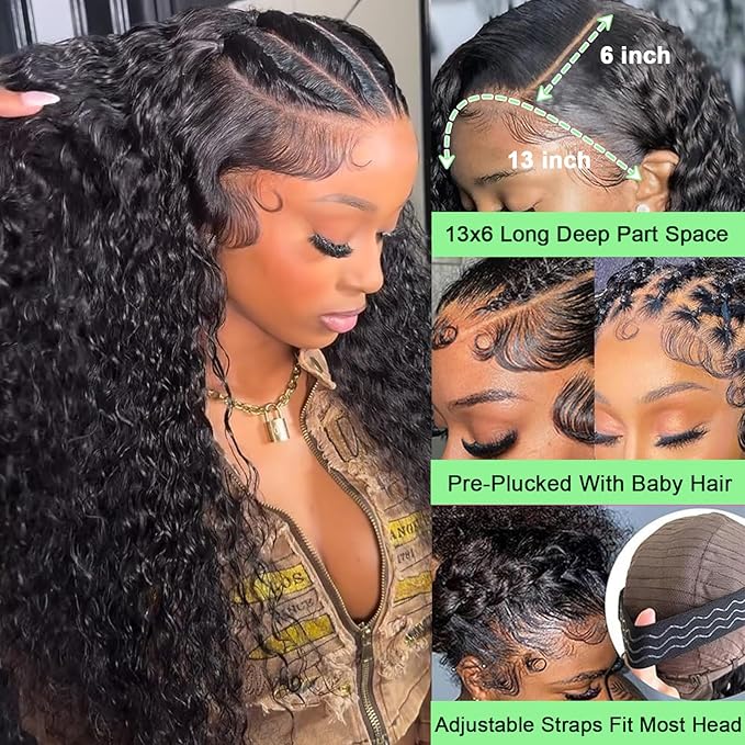 32 Inch 13x6 HD Transparent Deep Wave Lace Front Wigs Human Hair 200 Density Pre Plucked Deep Wave Wig Glueless Wigs Human Hair Lace Frontal Wigs 12A Curly Human Hair Wig for Women
