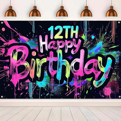 HOMETITUTE Neon 12th Happy Birthday Banner 71x43 Inch Glow Party Supplies | - Image 5