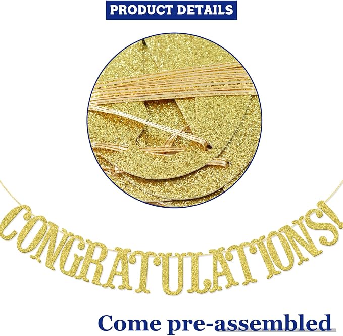 Congratulations Banner, Graduation Party Decor | Gold Glitter Congrats Sign - Image 5