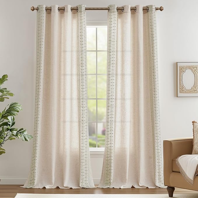 jinchan Boho Curtains for Bedroom Linen Blend Curtains Sage Green Embroidered - Image 2