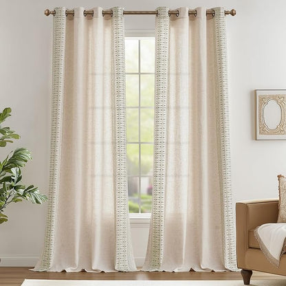 jinchan Boho Curtains for Bedroom Linen Blend Curtains Sage Green Embroidered - Image 2