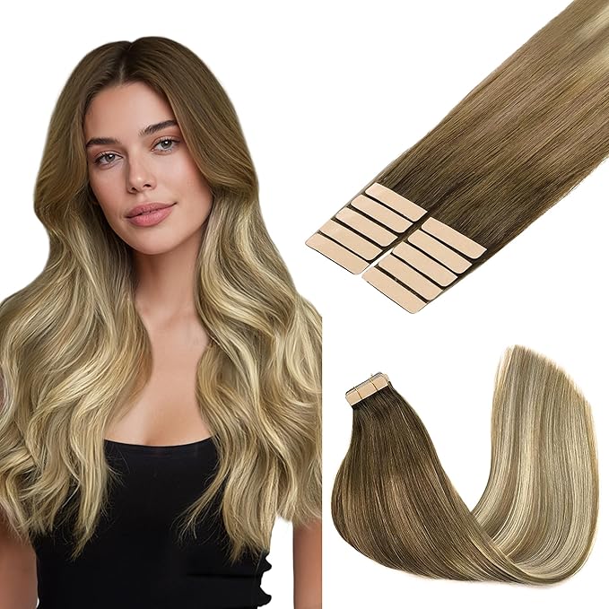 GOO GOO Tape in Hair Extensions Human Hair, 3/8/613 Balayage Walnut Brown to Ash Brown and Bleach Blonde, 16inch 25g 10pcs, Skin Weft Seamless Invisible, Silky Straight with Thick Ends