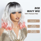 NOBLE Colourful Short Bob Wigs with Bangs for Women 3 Tone Ombre Greyish white root to Pink Color Short Wavy Bob Hair Wig Shoulder Length Synthetic Heat Resistant Bob Wigs