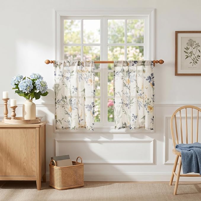 MYSKY HOME Floral Kitchen Curtains 36 Inch Length Linen Tier Curtains Farmhouse - Image 3