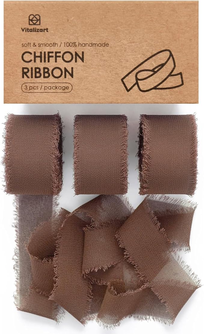 Vitalizart Brown Chiffon Silk Ribbon 1" x 21 Yd Handmade Frayed Fringe | Rustic by Vitalizart