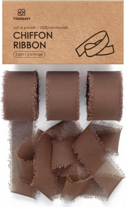 Vitalizart Brown Chiffon Silk Ribbon 1" x 21 Yd Handmade Frayed Fringe | Rustic by Vitalizart