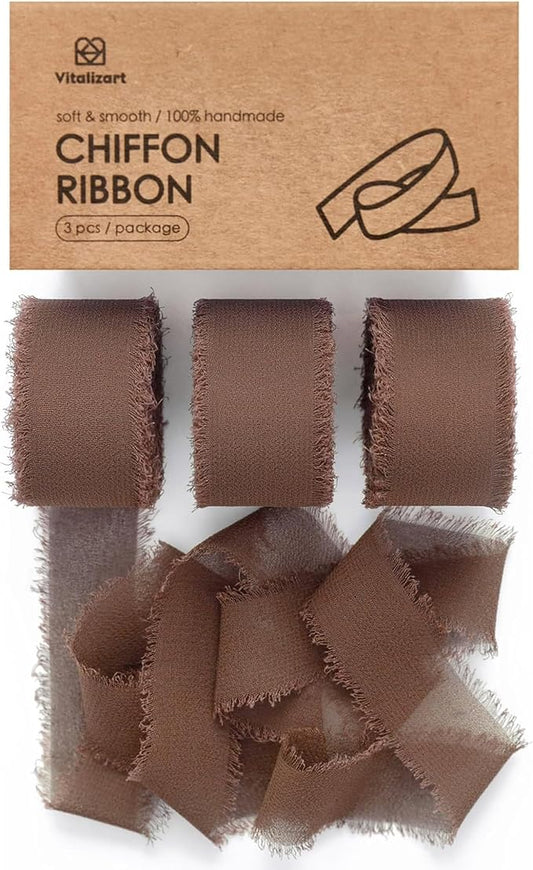 Vitalizart Brown Chiffon Silk Ribbon 1" x 21 Yd Handmade Frayed Fringe | Rustic by Vitalizart