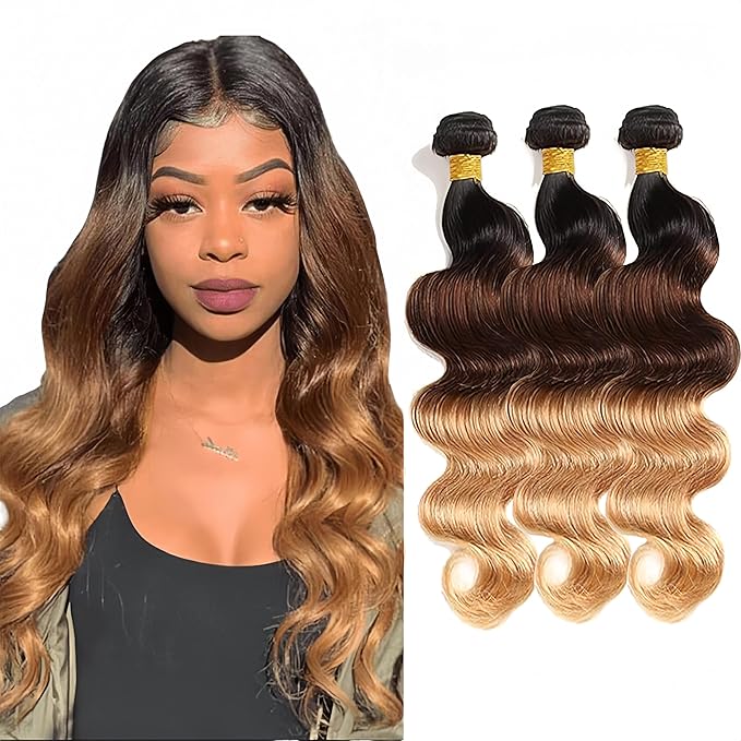 30 32 34 Inch Ombre Bundles Human Hair 4/27 Body Wave Bundles Niegmeag Virgin Soft and Silky Remy Hair Extensions Double Weft 3 Tone Honey Blonde and Brown Body Wave Bundle