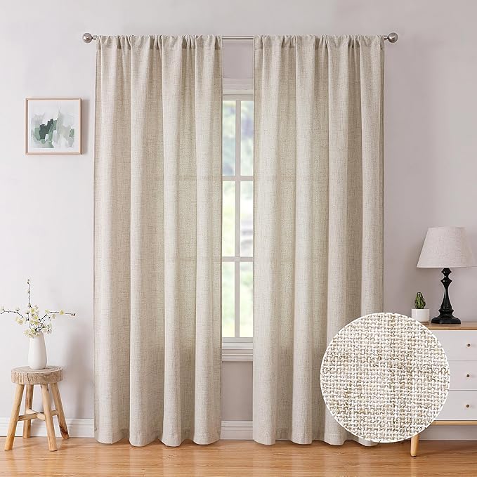 Tollpiz Linen Curtain Living Room Rod Pocket Semi Sheer Curtains Burlap Light by Tollpiz
