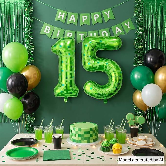 40 Inch Lime Green Pixel Number 15 Balloon, 15th Gamer Boy Party Decor | Huge - Image 2