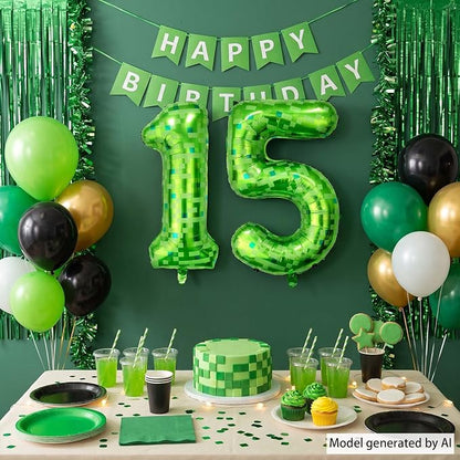 40 Inch Lime Green Pixel Number 15 Balloon, 15th Gamer Boy Party Decor | Huge - Image 2