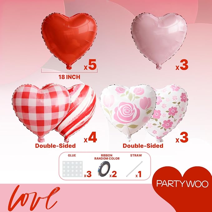 PartyWoo Pink White Red White Red Heart Foil Balloons 15pcs 18 Inch | Balloons - Image 6