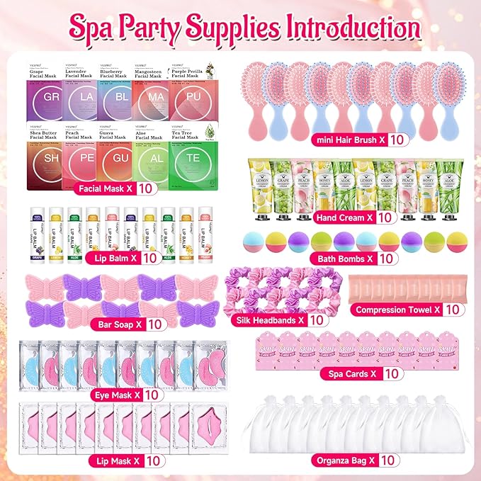 110PCS Spa Party Supplies for Girls Spa Party Favors Include Face Masks Skincare, Hand Cream, Lip Balm, Eye Patches, Lip Mask, Mini Hair Brush, Stocking Stuffers for Teen Girls, Sleepover Party Gifts