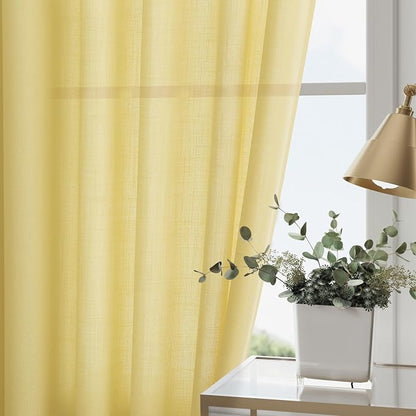 Yellow Linen Textured 96 Inch Curtains 2 Panel Set Back Tab Rod Pocket Sheer - Image 2