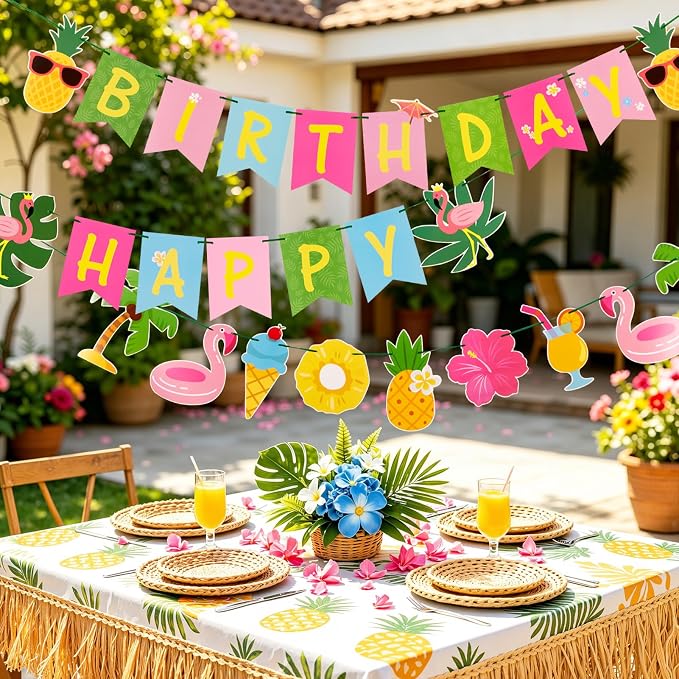 SUNBEAUTY Hawaiian Happy Birthday Banner Tropical Luau Party Birthday Flamingo - Image 2