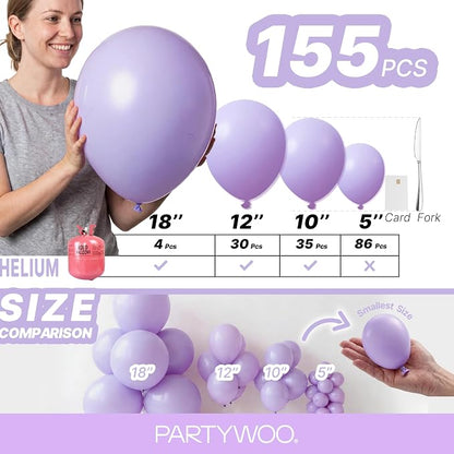 PartyWoo Lavender Balloons 155pcs Light Pastel Purple Lilac Color | 18 12 10 5 - Image 6