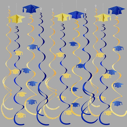 24Pcs Royal Blue Gold Graduation Grad Cap Hanging Felt Swirl Streamer Spiral by pinkblume