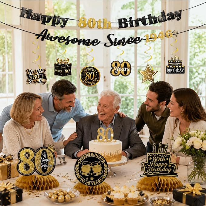 80th Birthday Decorations for Men Women, Pre-Strung Black Gold Happy 80th - Image 3