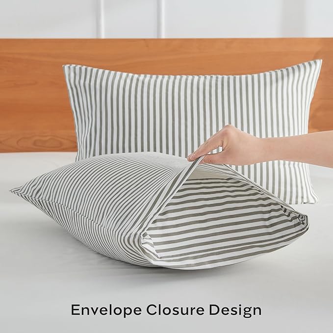 JELLYMONI 100% Natural Cotton Striped Pillowcases Set, 2 Pack White and Grey Vertical Stripes Pattern Printed Pillow Covers with Envelope Closure(Pillows are not Included)-King(20"×36")
