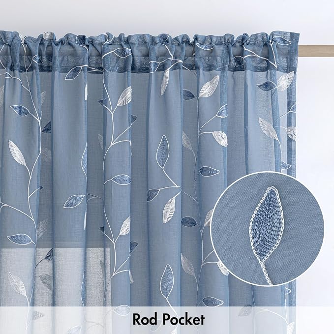 MIULEE Dusty Blue Sheer Curtains 2 Panels Leaf Patterned, W52 x L96 | - Image 6