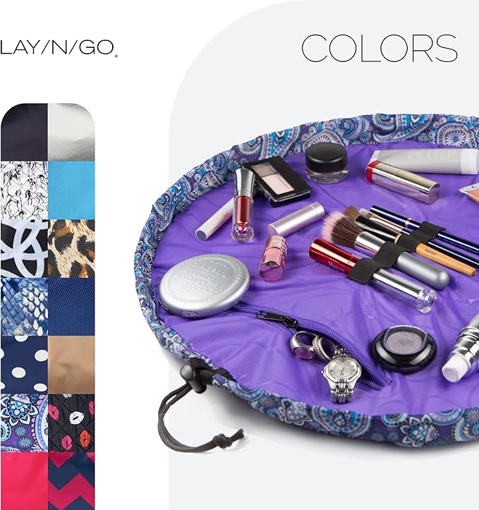 Lay-n-Go Cosmo Drawstring Cosmetic & Makeup Bag Organizer - Portable Drawstring Makeup Bag w/Zipper Pocket, Makeup Loops & More - Durable, Machine Washable Toiletry Bag (20", Purple Paisley)
