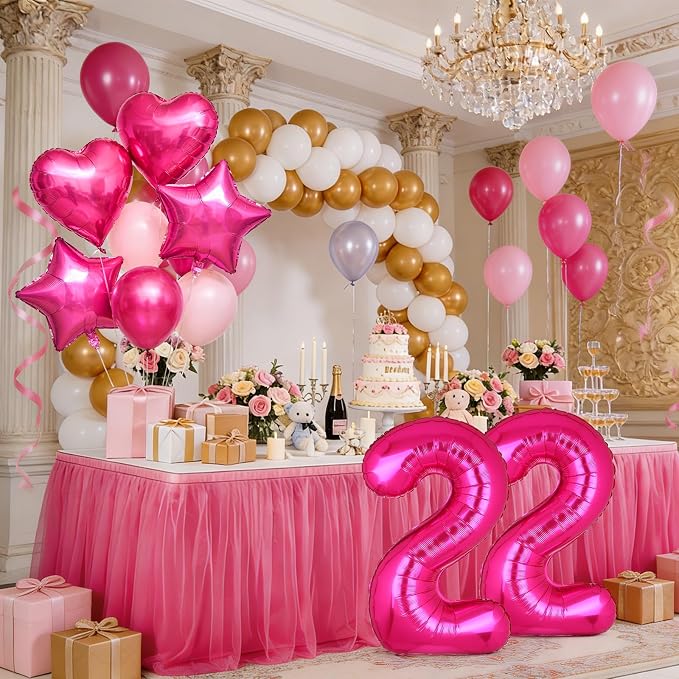 40 Inch Number Balloon Hot Pink 22 Set Pink Theme 22nd Birthday Decor 10Pcs | - Image 3