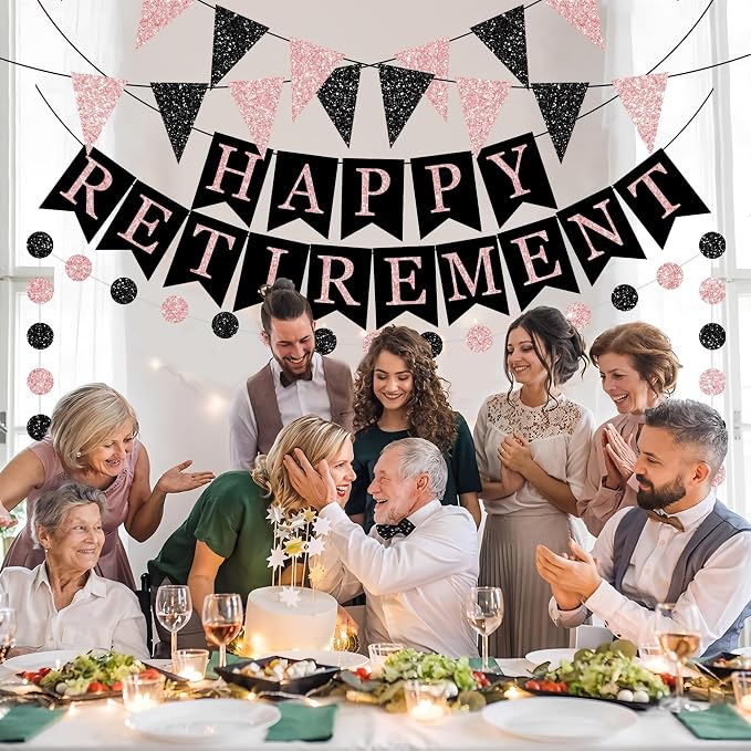 Happy Retirement Banner Rose Gold and Black Retirement Banner Glittery Pennant - Image 5