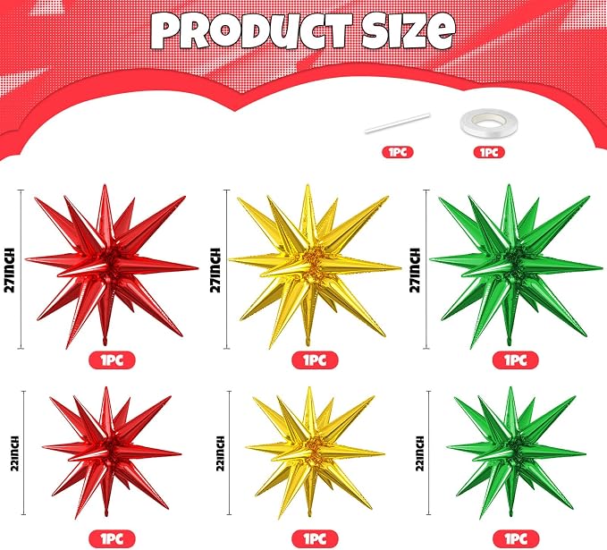 Red Green Gold Star Balloons, 22/27 Inch Red and Green Gold Star Shaped Balloons - Image 2