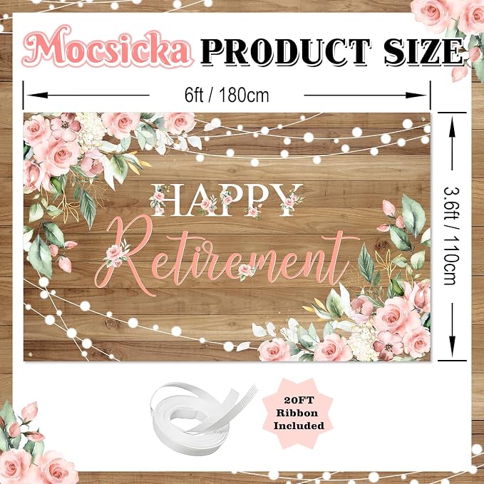 Mocsicka Rustic Retirement Backdrop Banner 6x3.6ft | Pink Floral Women Happy - Image 4