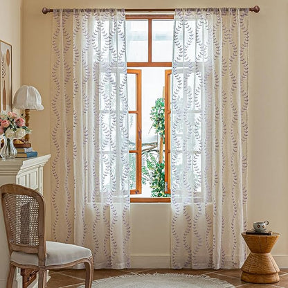 2 Panels Linen Leaf String Floral Embroidered Semi Sheer Curtain Farmhouse - Image 2
